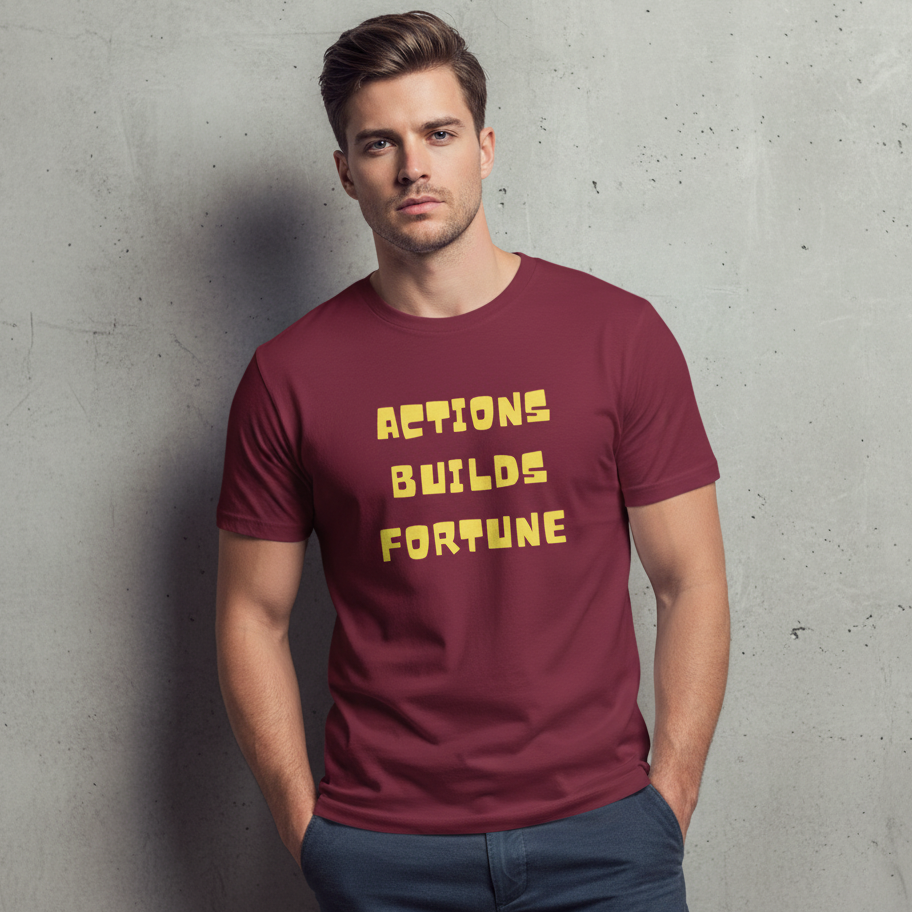 Man wearing a maroon t-shirt with 'Actions Build Fortune' text against a gray concrete wall.