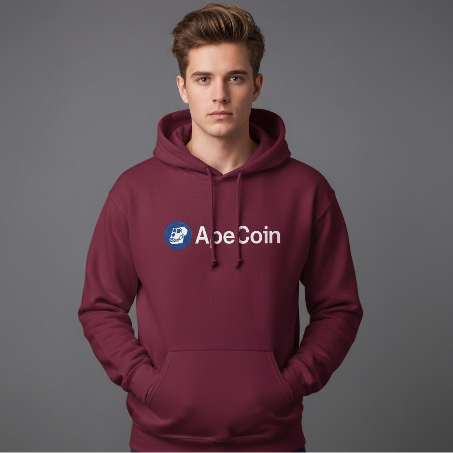 Person wearing a maroon hoodie with Ape Coin logo on a gray background