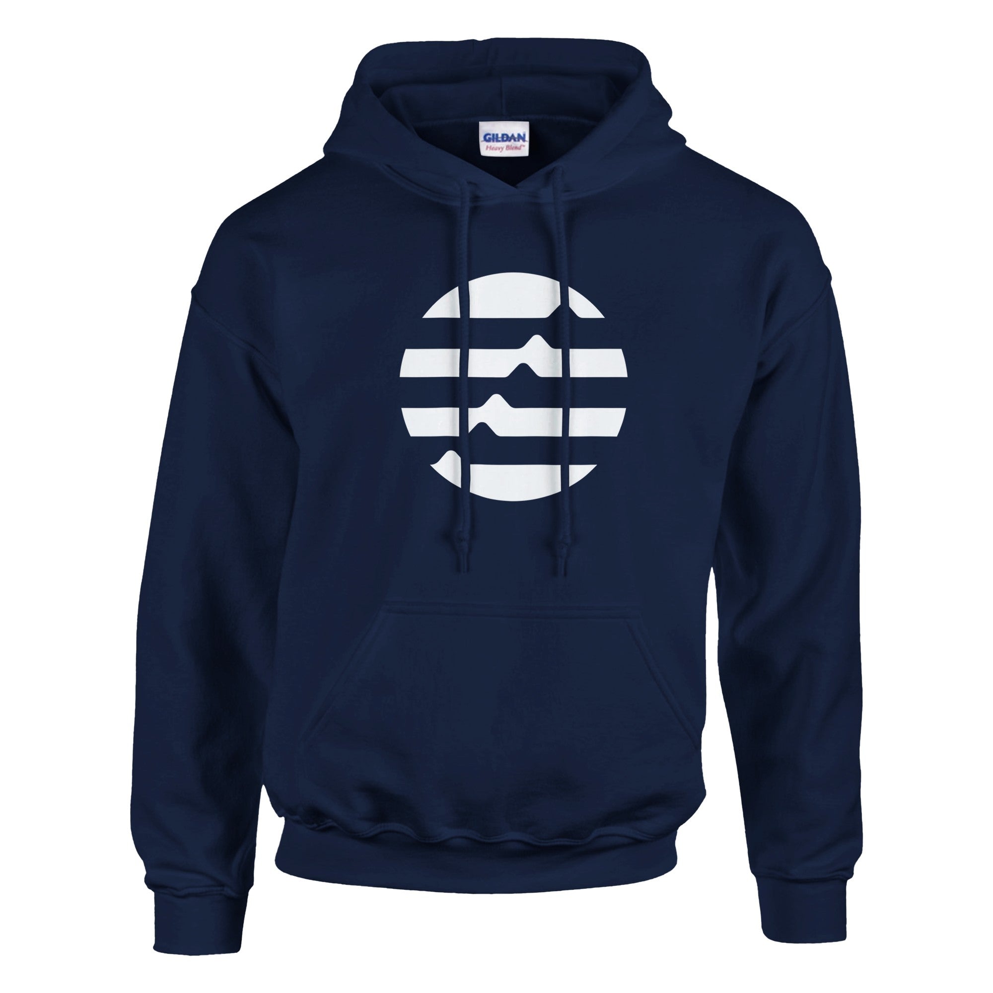 Navy blue hoodie with a white graphic design on a white background