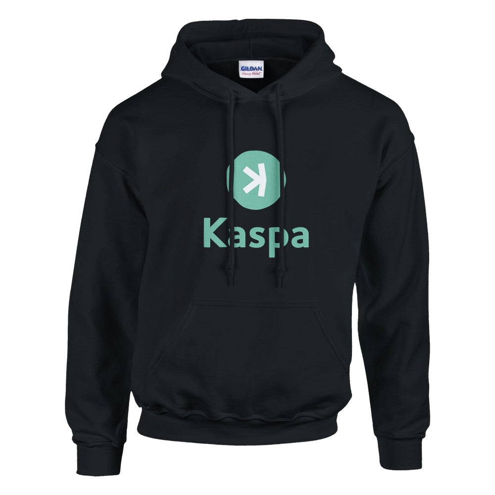 Black hoodie with Kaspa logo on a white background
