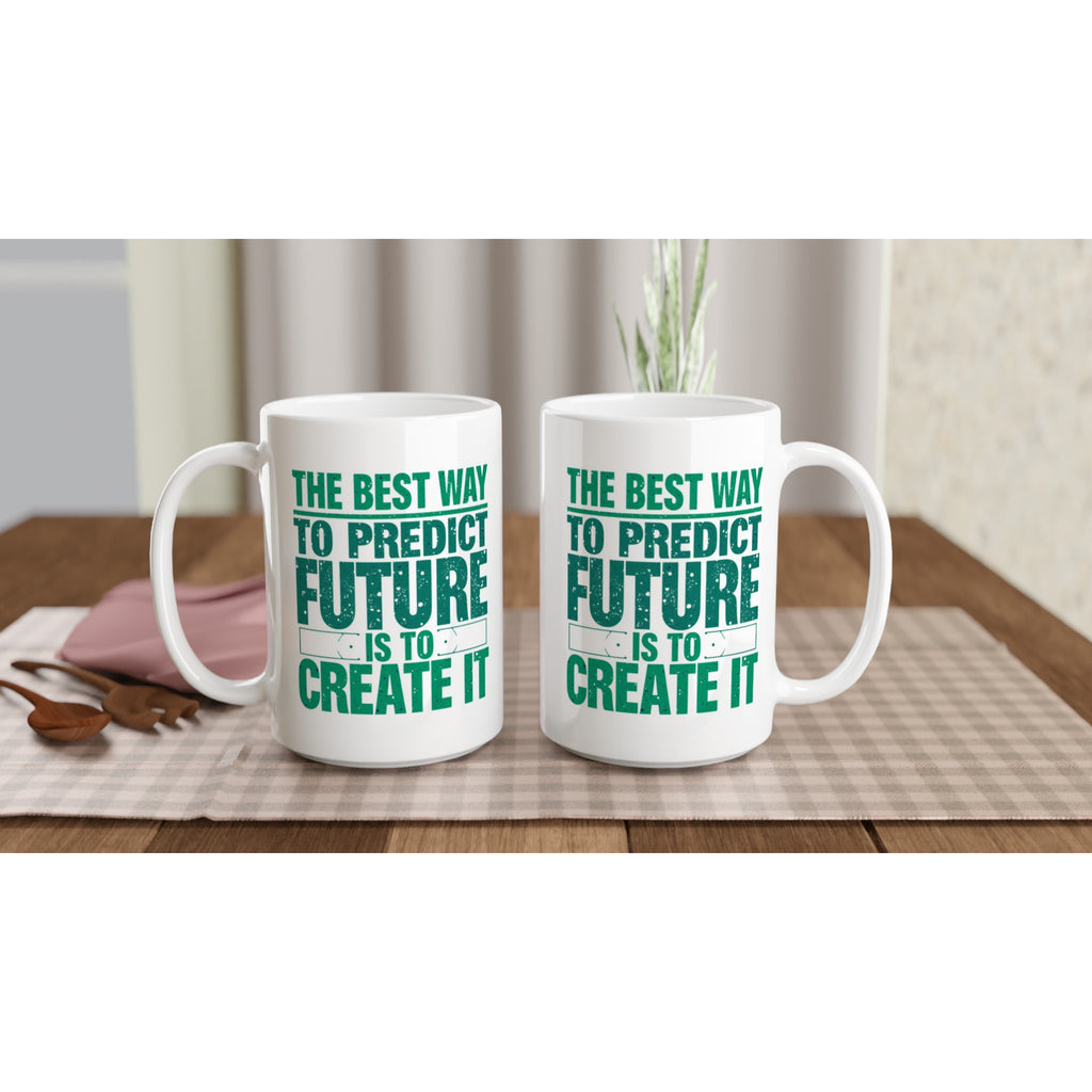 Two white mugs with green text on a wooden table.