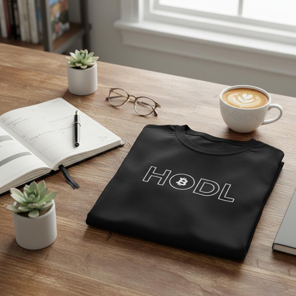 Black t-shirt with 'HODL' print on a wooden table with a notebook, cup of coffee, and glasses.