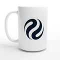 White mug with a black logo on a white background