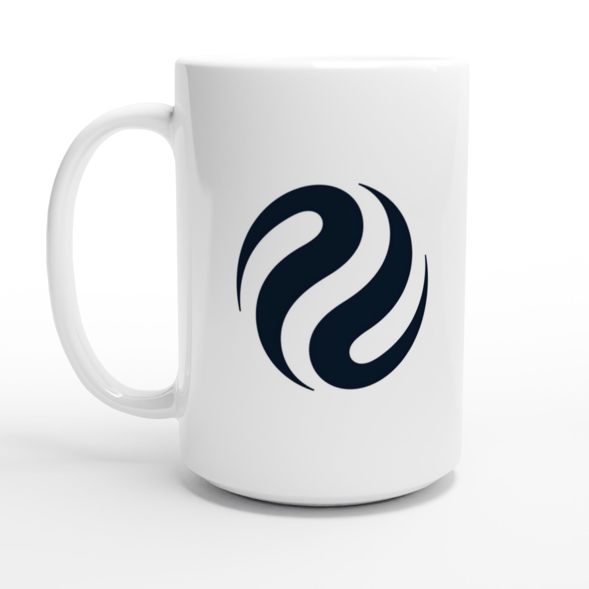 White mug with a black logo on a white background