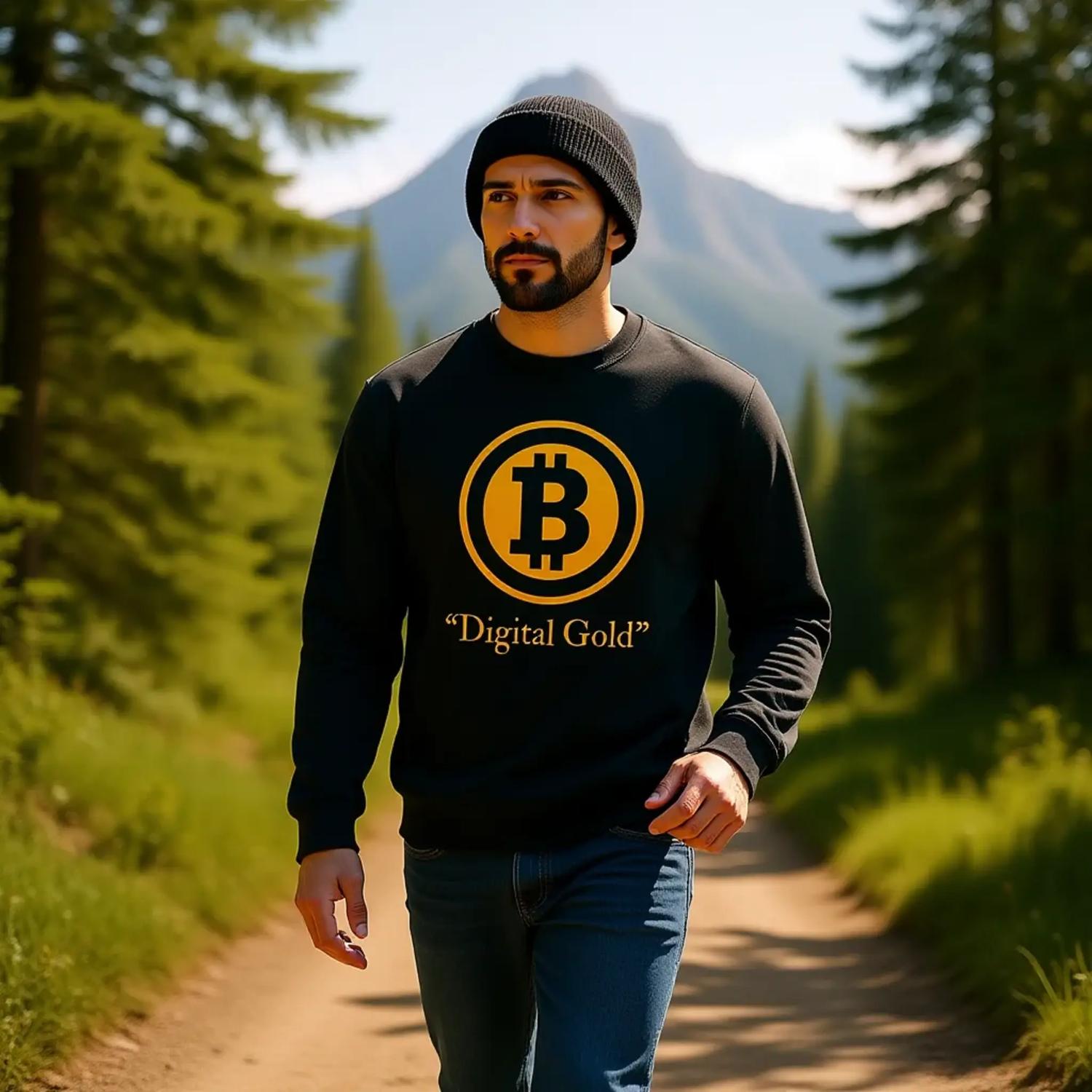 Man wearing a black sweatshirt with Bitcoin symbol and 'Digital Gold' text, walking on a trail with mountains in the background.