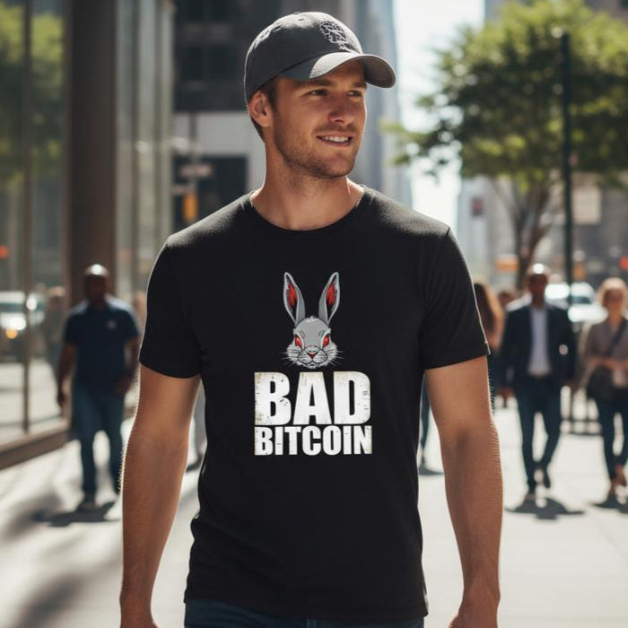 Man walking on a city street wearing a black t-shirt with 'Bad Bitcoin' graphic.