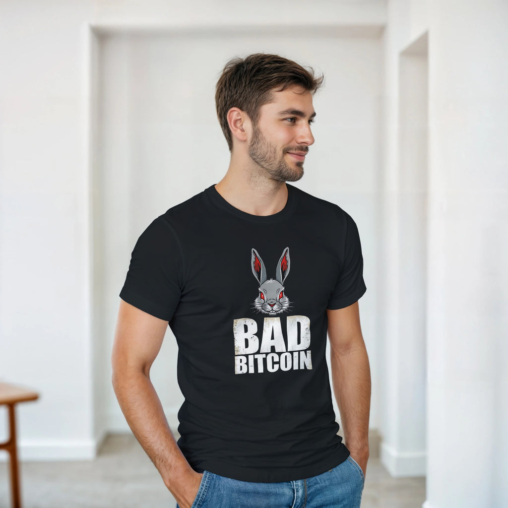 Man wearing a black t-shirt with a graphic of a rabbit and text 'BAD BITCOIN' in a minimal indoor setting.