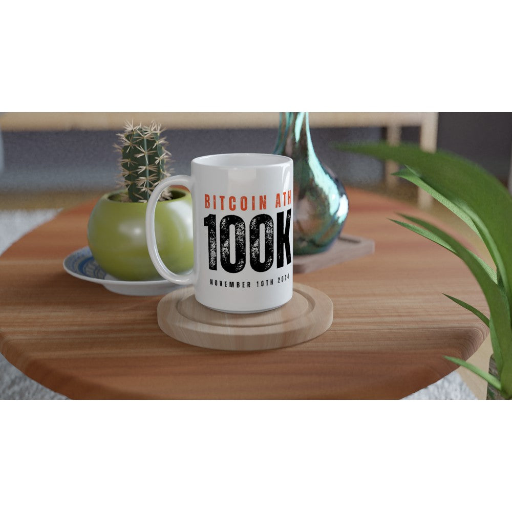 White mug with Bitcoin text on a wooden table with plants