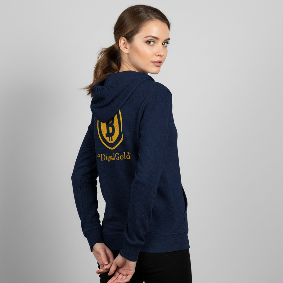 Woman wearing a navy hoodie with a yellow logo and text on a gray background