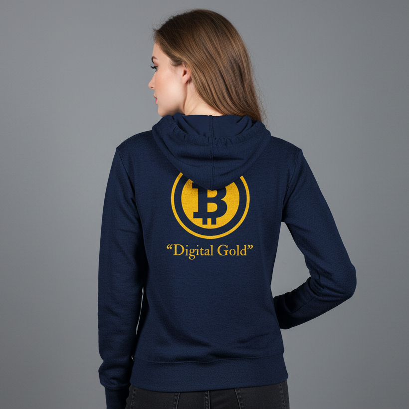 Person wearing a navy hoodie with a yellow Bitcoin symbol and 'Digital Gold' text on the back against a gray background.