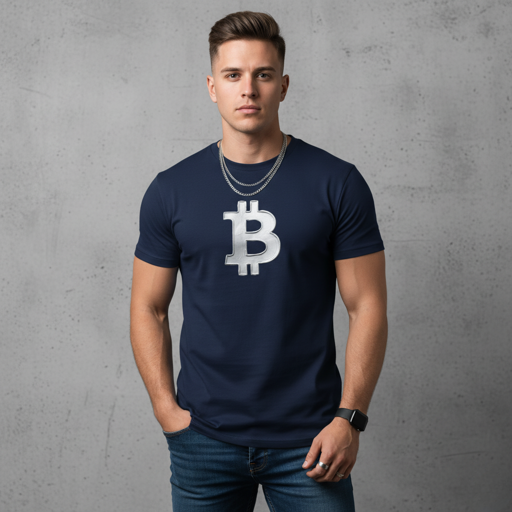 Man wearing a navy blue t-shirt with a Bitcoin logo against a gray concrete wall.