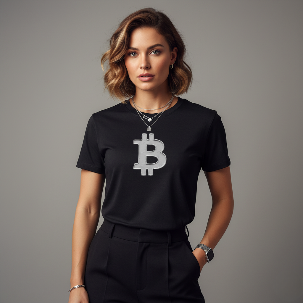 Woman wearing a black t-shirt with a Bitcoin logo on a gray background