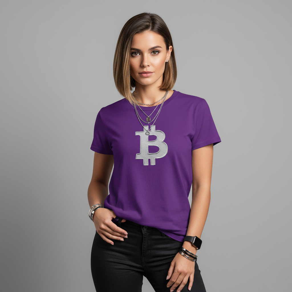 Woman wearing a purple t-shirt with a Bitcoin logo on a gray background