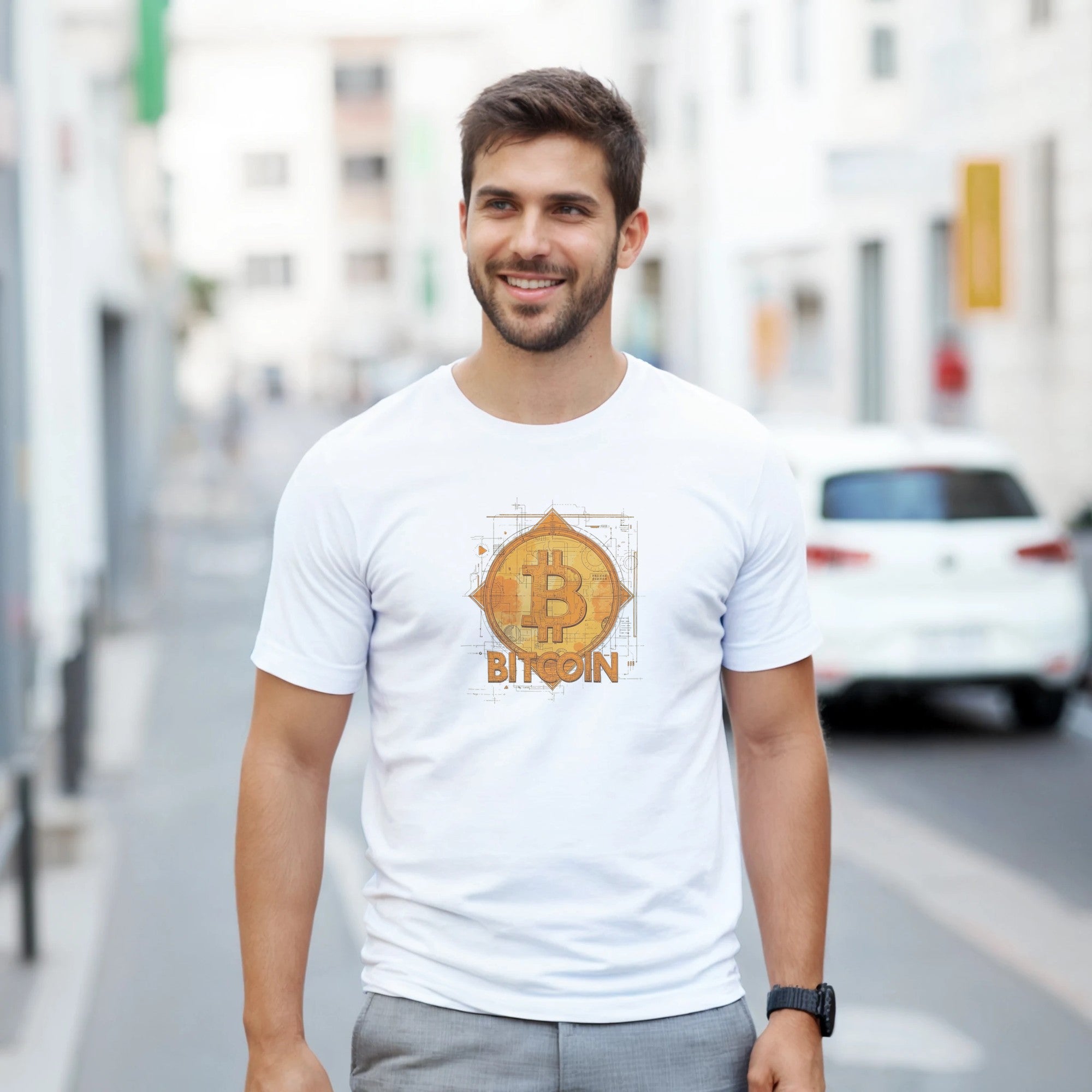 Man wearing a white t-shirt with Bitcoin logo on a city street