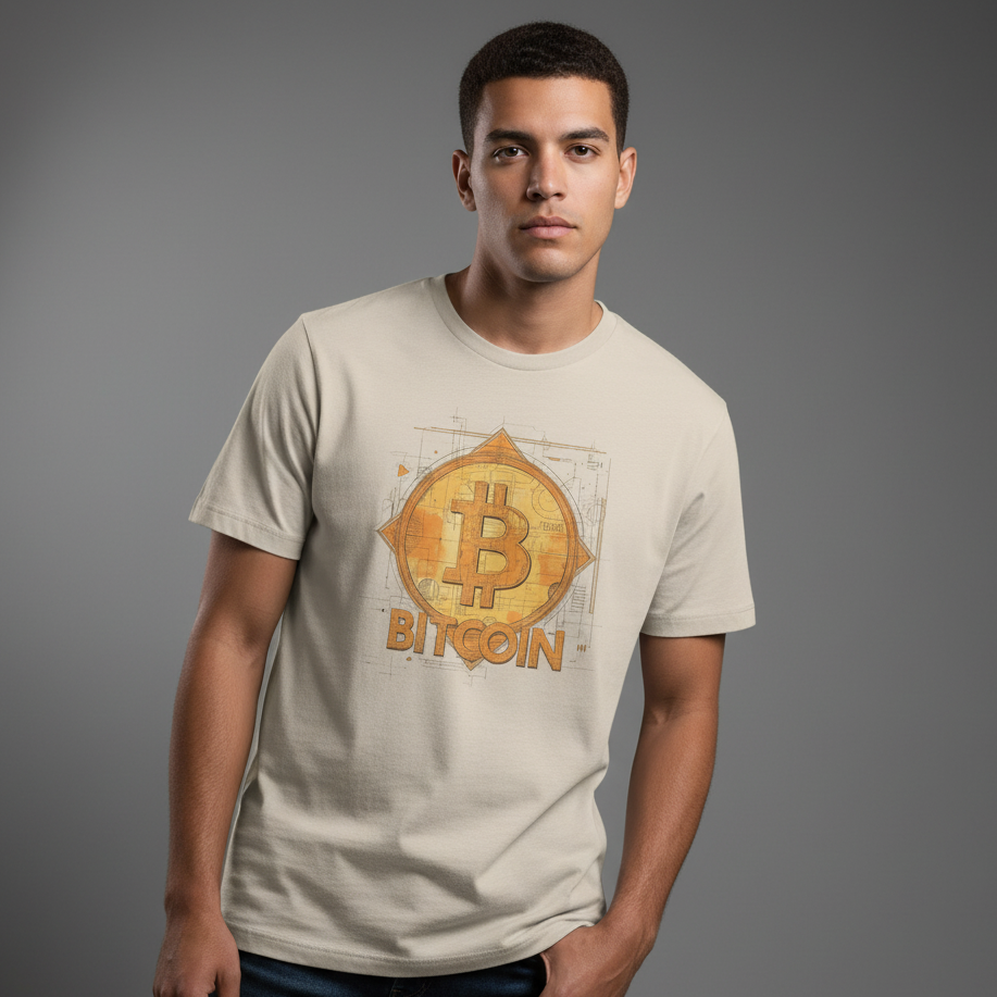 Man wearing a beige t-shirt with Bitcoin logo on a gray background