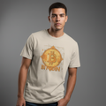 Man wearing a beige t-shirt with Bitcoin logo on a gray background