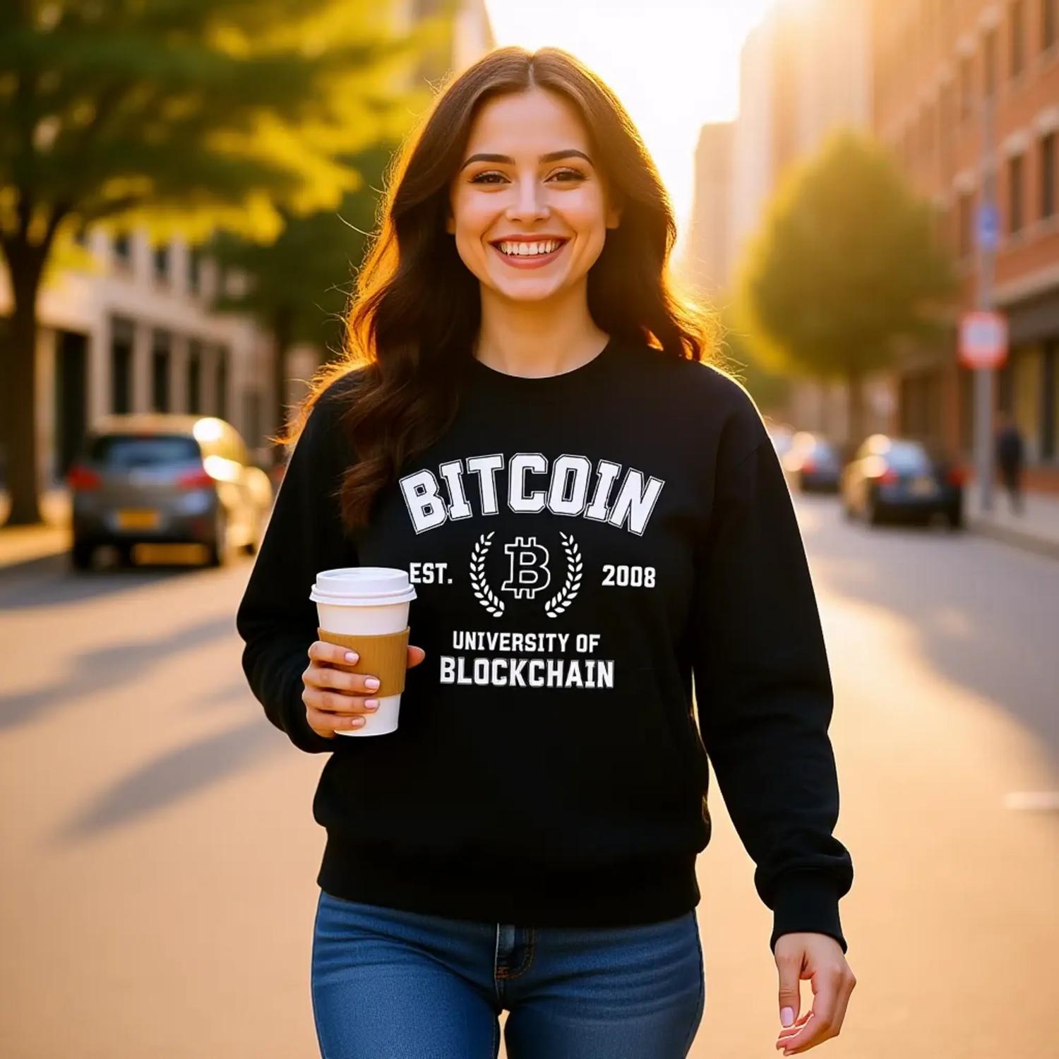 Woman wearing a black sweatshirt with Bitcoin University of Blockchain text, holding a coffee cup on a city street.