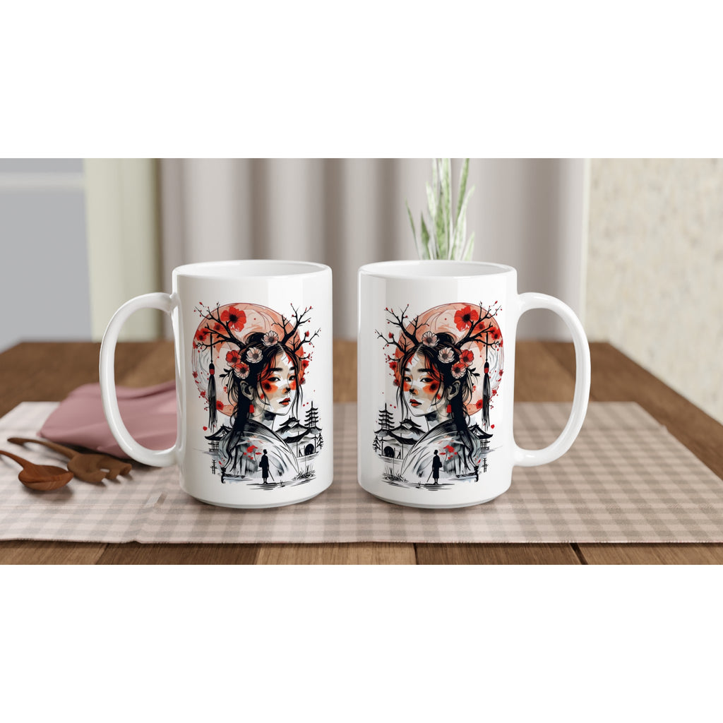 Two white mugs with artistic designs on a wooden table.