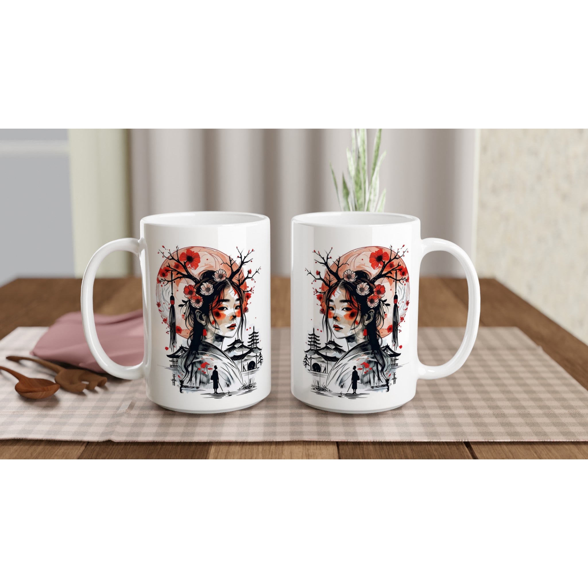 Two white mugs with artistic designs on a wooden table.