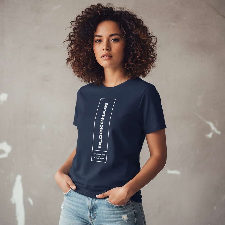 Woman wearing a navy blue t-shirt with 'Blockchain' text against a gray background