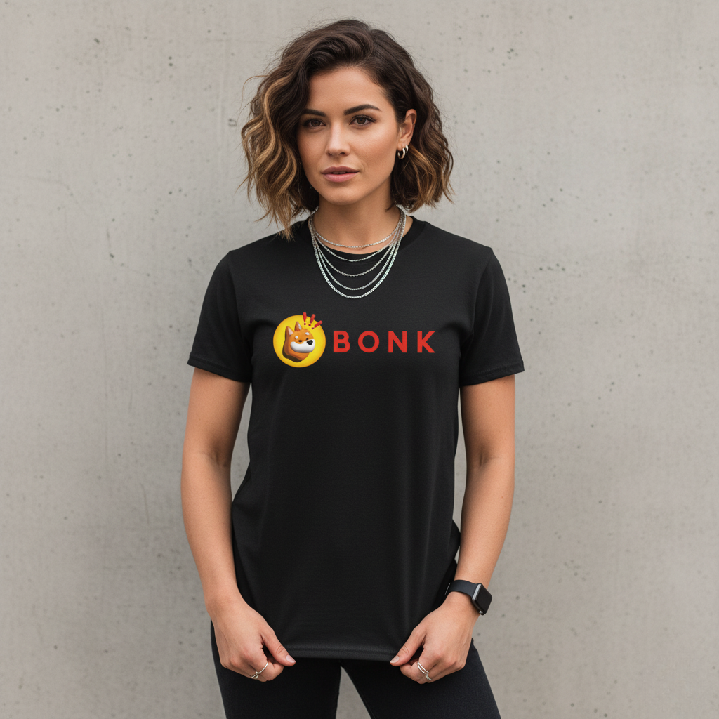 Woman wearing a black t-shirt with 'BONK' logo against a gray background