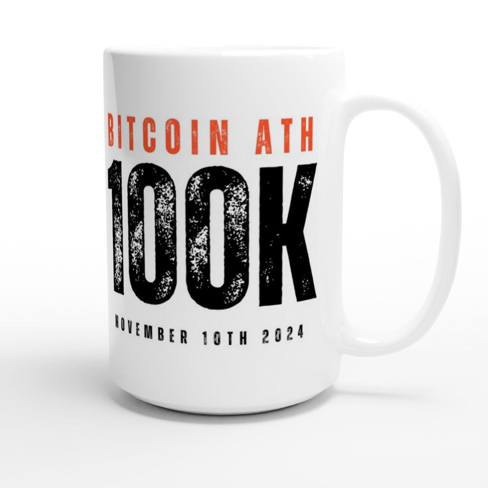 White mug with Bitcoin milestone text on a white background