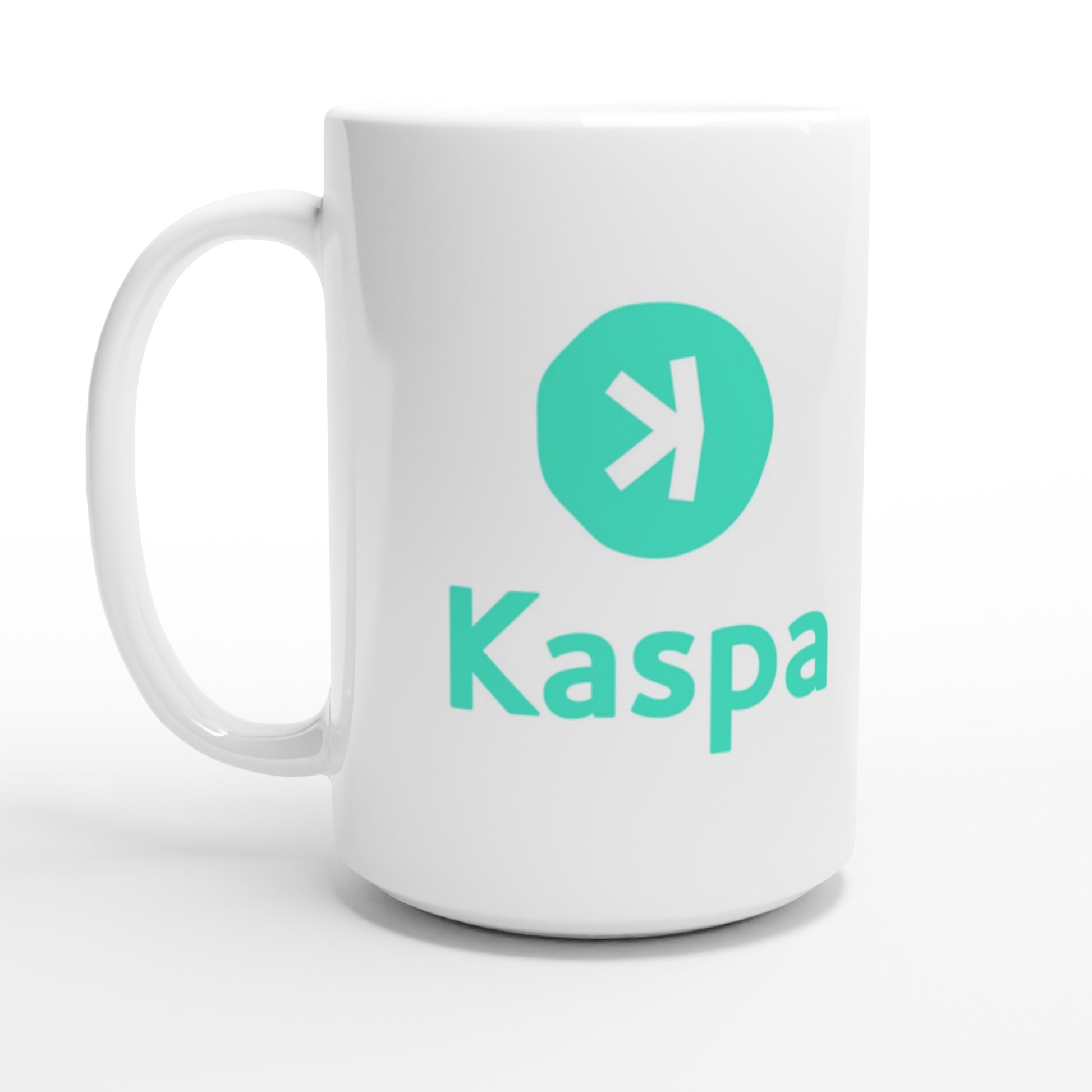 White mug with Kaspa logo on a white background