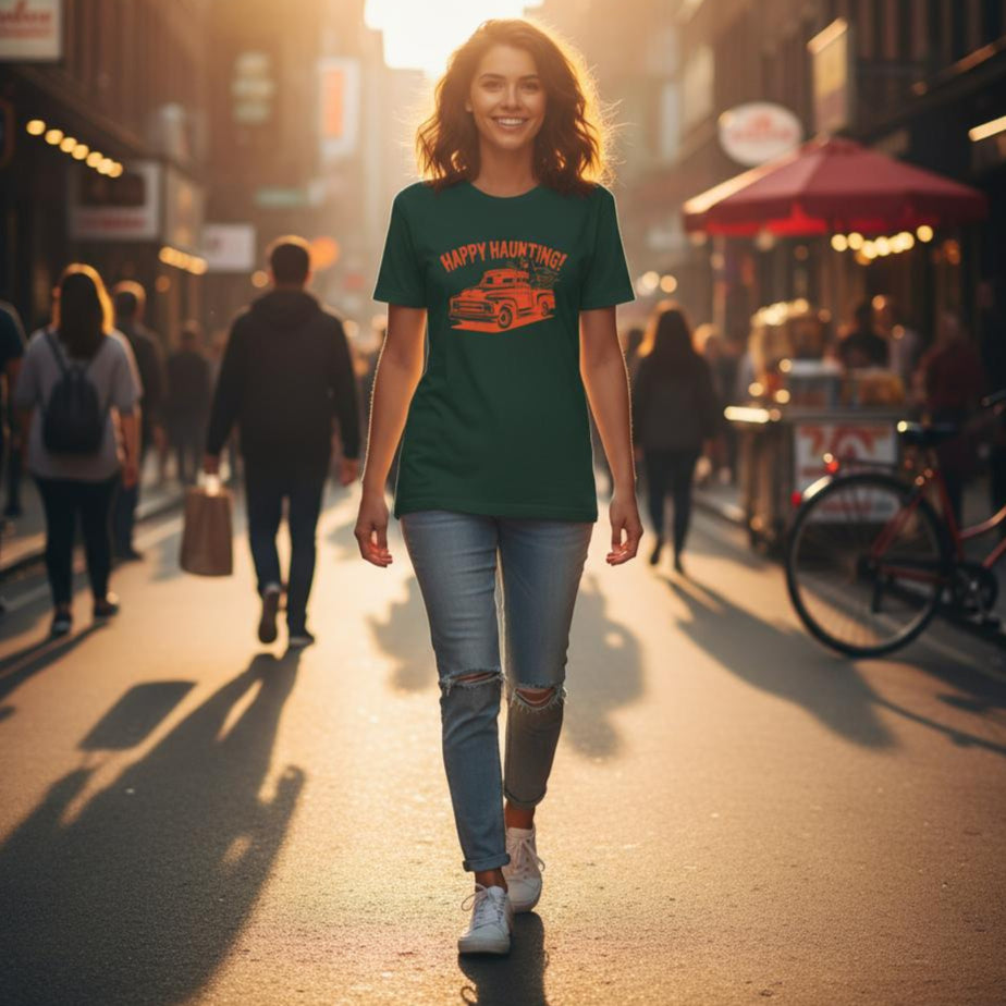 Person wearing a green t-shirt with a graphic design walking on a city street.