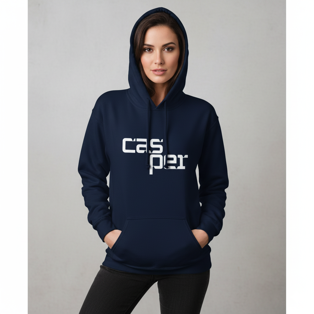 Person wearing a navy hoodie with 'casper' logo on a gray background
