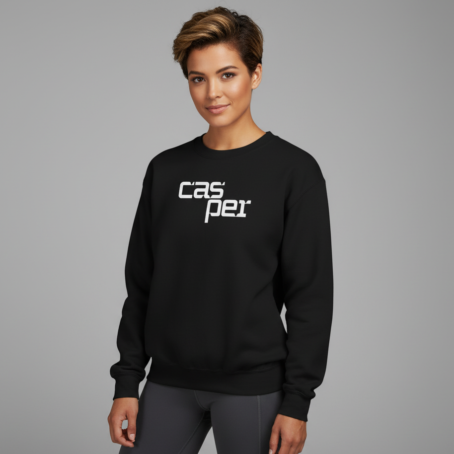Person wearing a black sweatshirt with 'Casper' logo on a gray background