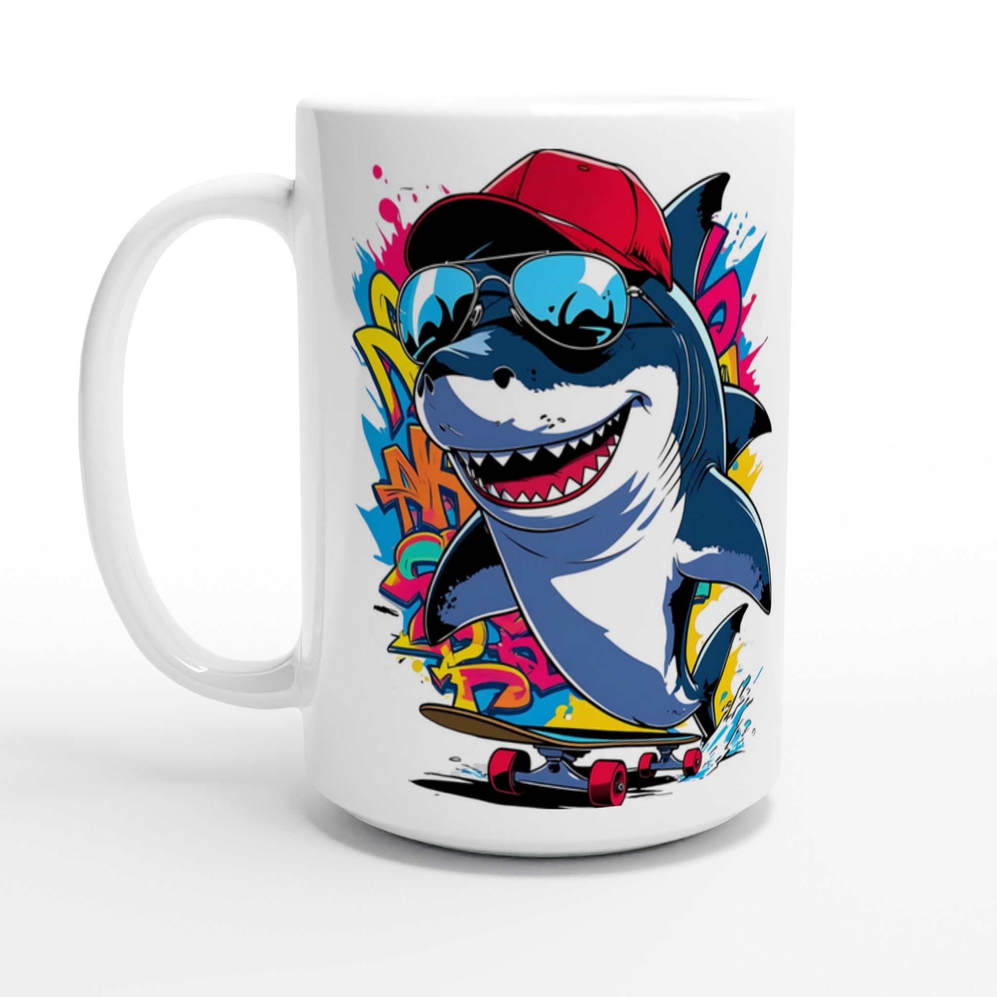 Mug with a colorful design of a shark wearing sunglasses and a red cap on a white background