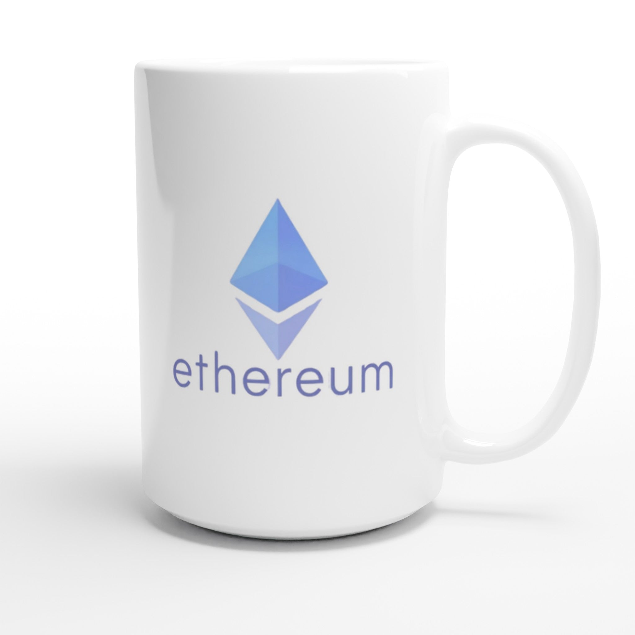 White mug with Ethereum logo on a white background
