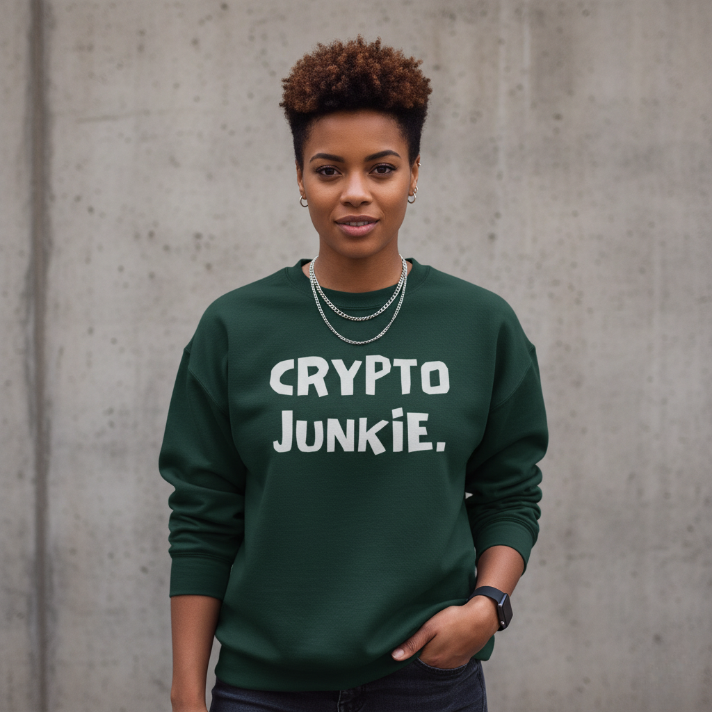 Person wearing a green sweatshirt with 'CRYPTO JUNKIE' text against a concrete wall.
