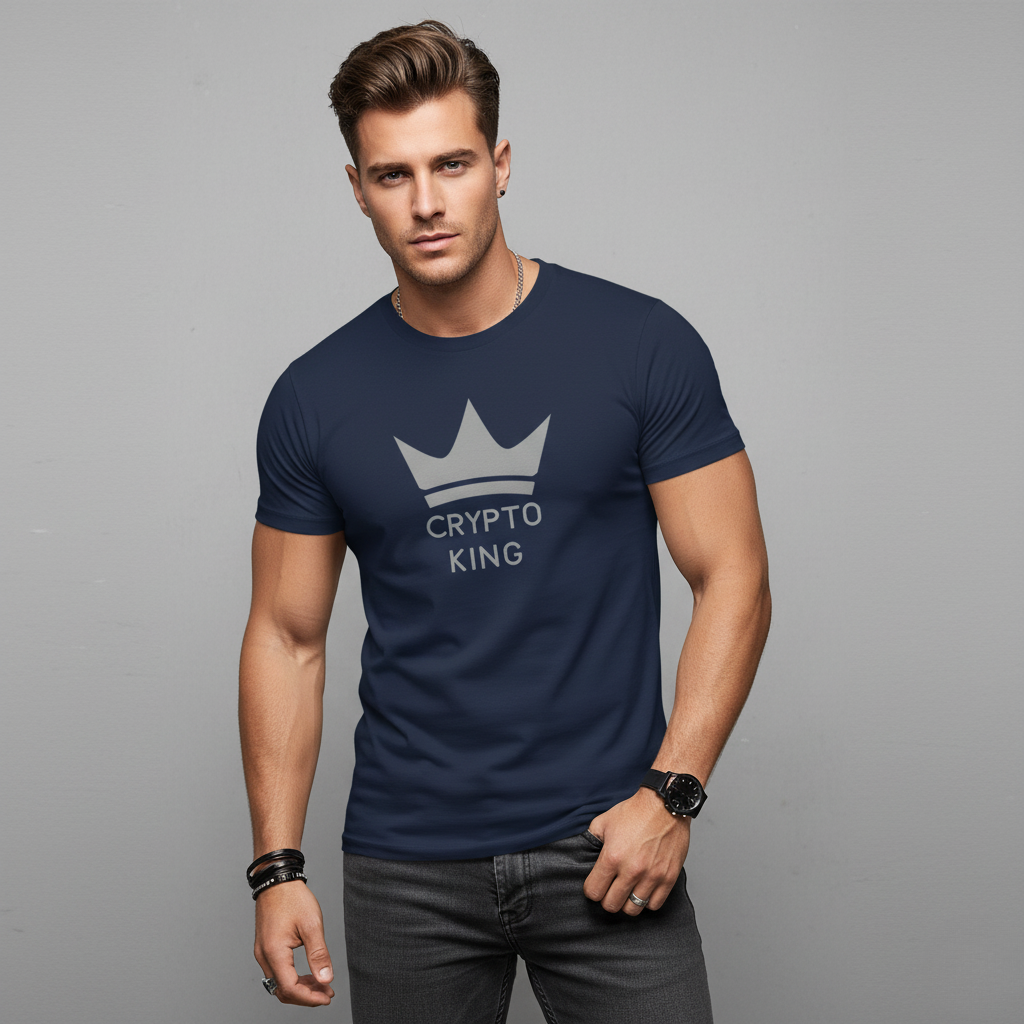 Man wearing a navy blue t-shirt with 'Crypto King' print on a gray background