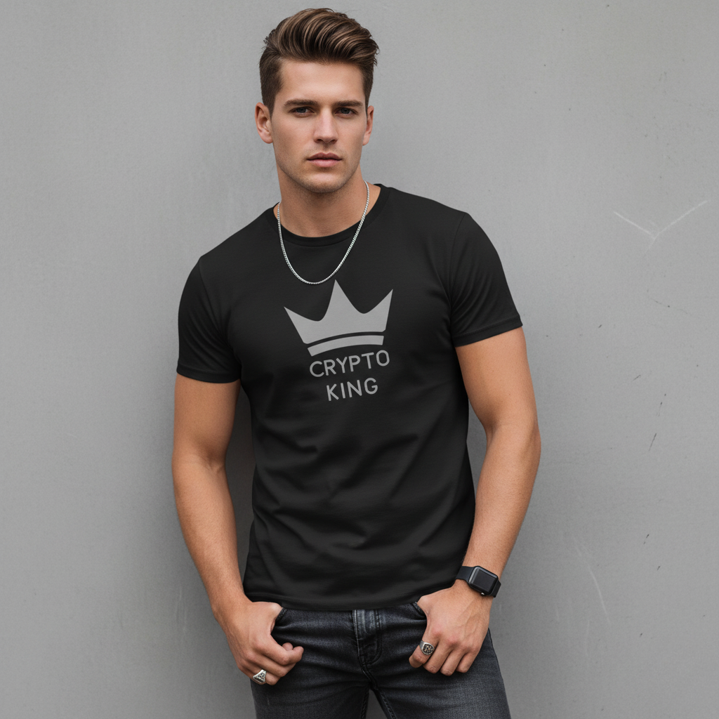 Man wearing a black t-shirt with 'Crypto King' design against a gray background