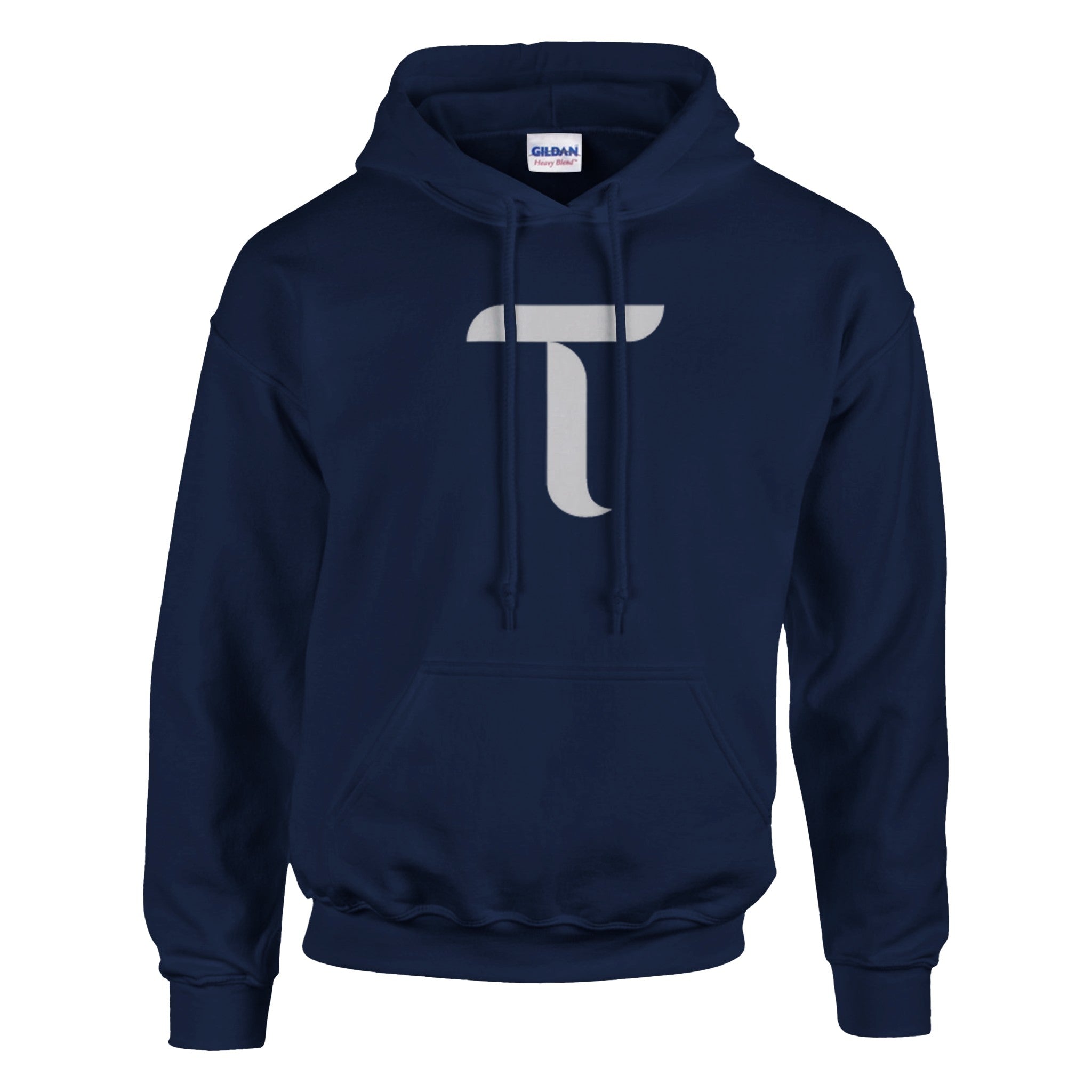Navy blue hoodie with a white logo on a white background