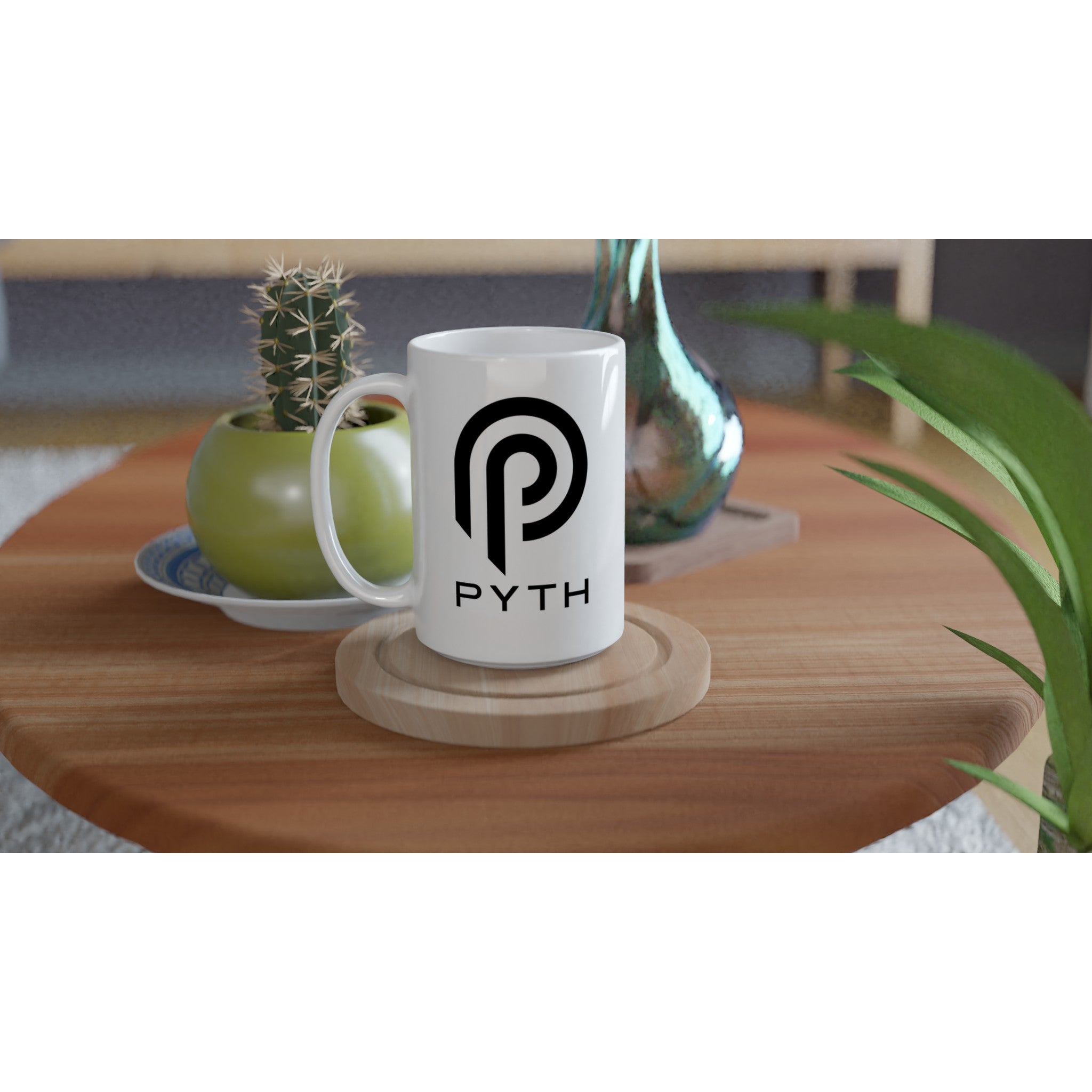 White mug with 'PYTH' logo on a wooden table with plants