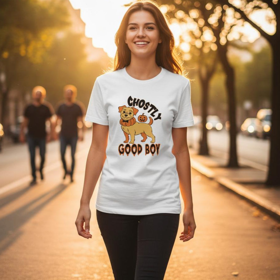 Woman wearing a white t-shirt with a graphic design of a dog and text, standing on a street with blurred background