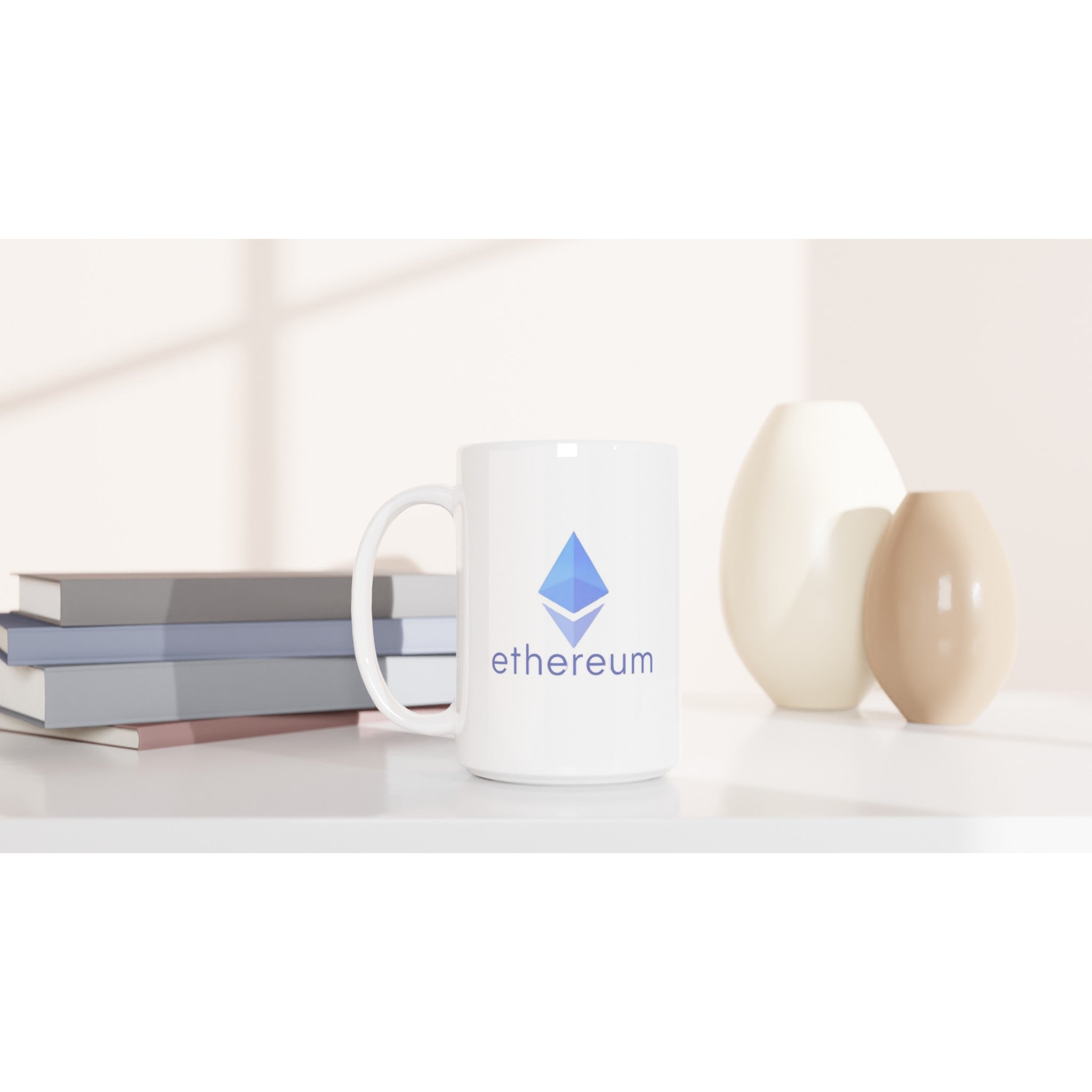 Ethereum mug on a surface with books and decorative items in the background