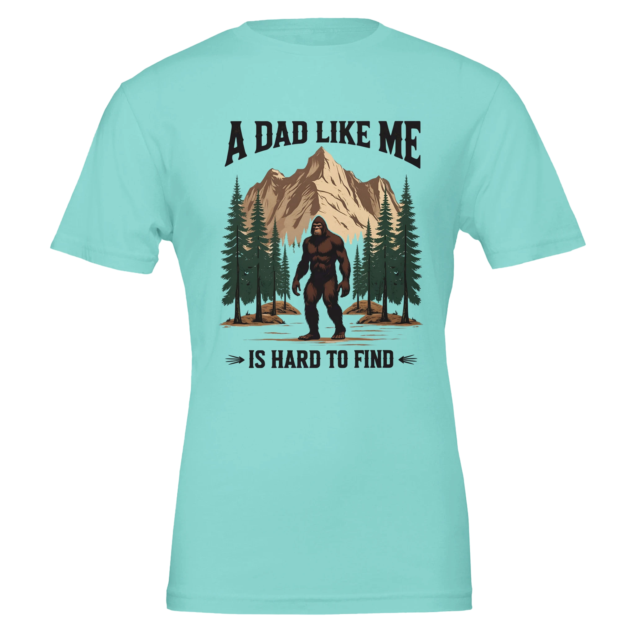 Light blue t-shirt with a graphic of a mountain, trees, and a Sasquatch with text on a white background