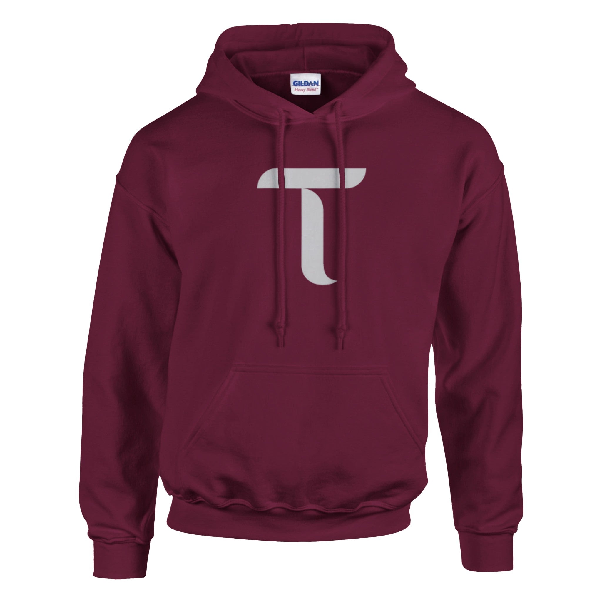 Maroon hoodie with a white logo on a white background