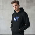 Person wearing a black hoodie with a blue and white logo against a gray background