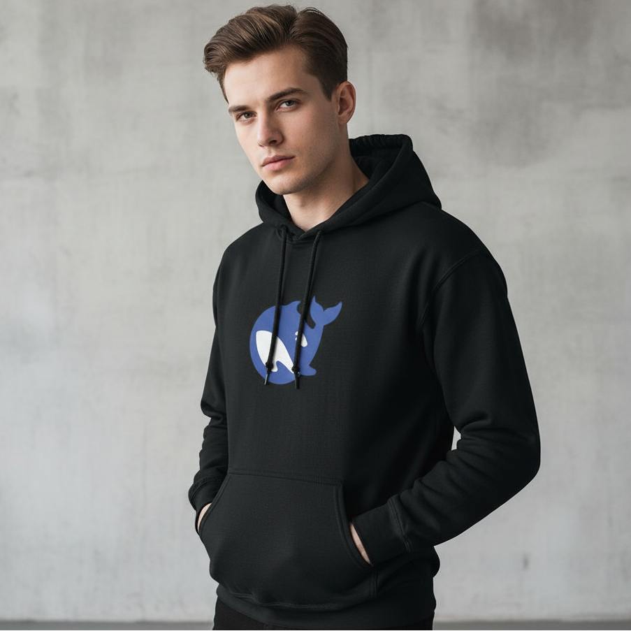 Person wearing a black hoodie with a blue and white logo against a gray background