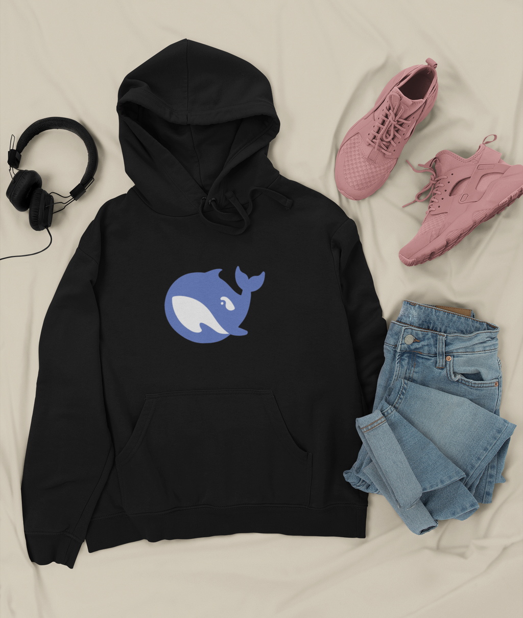 Black hoodie with blue graphic, pink sneakers, jeans, and headphones on a light background
