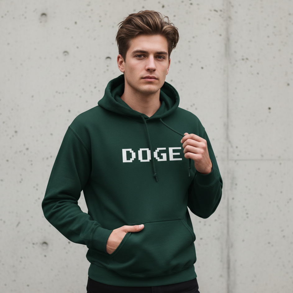 Man wearing a green hoodie with 'DOGE' printed on it against a gray concrete wall.
