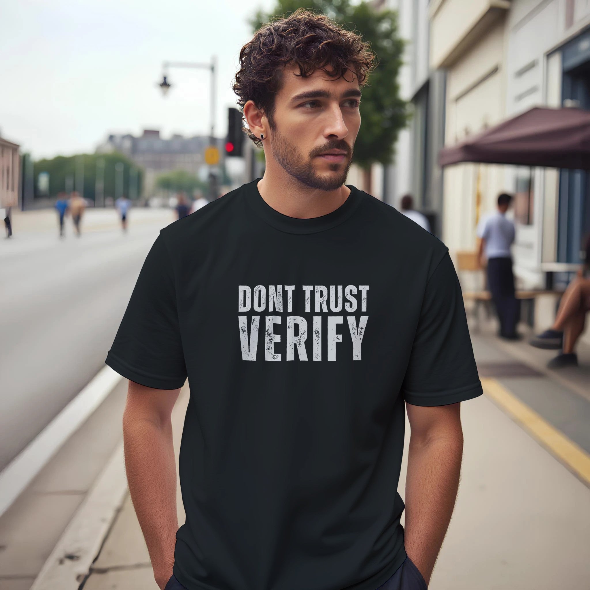 Man wearing a black t-shirt with 'DON'T TRUST VERIFY' text on a city street.