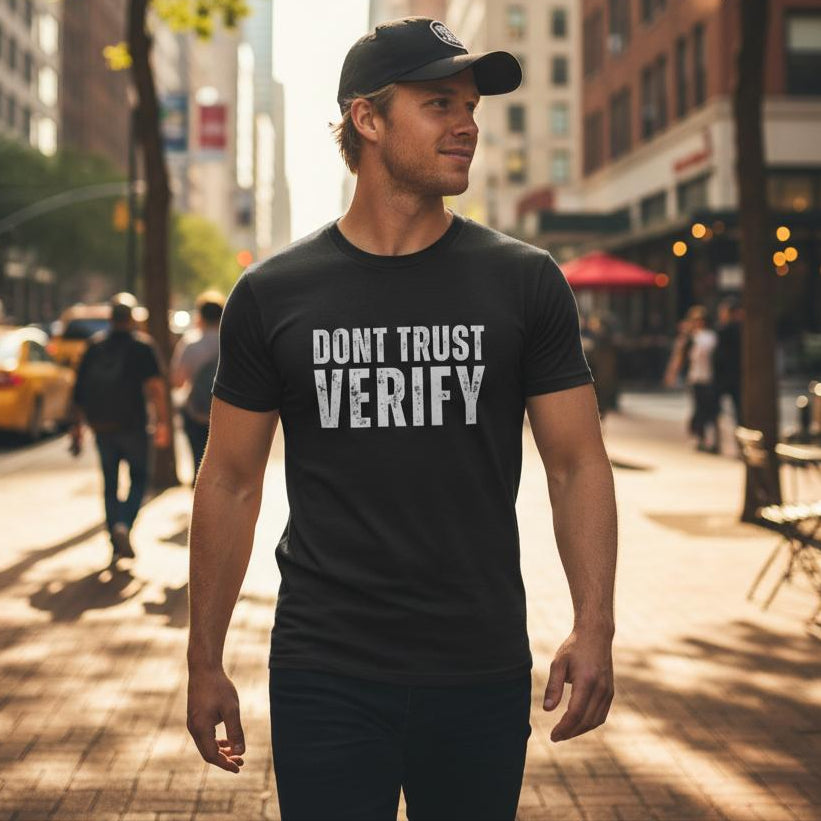 Man wearing a black t-shirt with 'DON'T TRUST VERIFY' text on a city street.