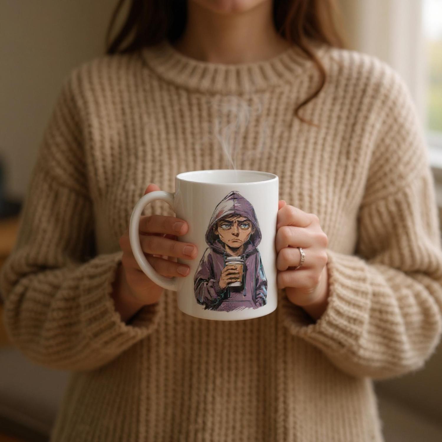 Person holding a mug with a character design, wearing a beige sweater.