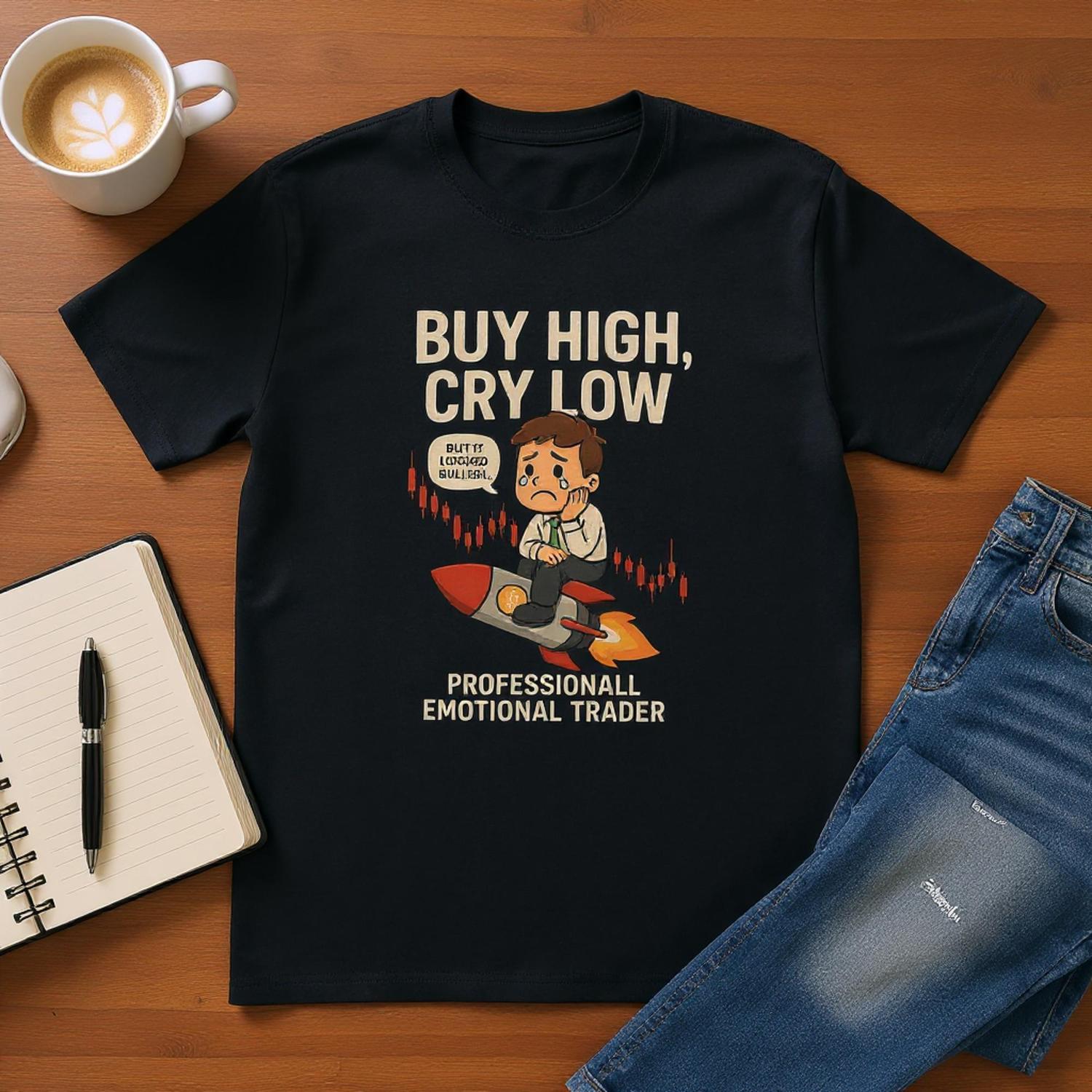 Black t-shirt with 'Buy High, Cry Low' graphic on a wooden surface with coffee and jeans.