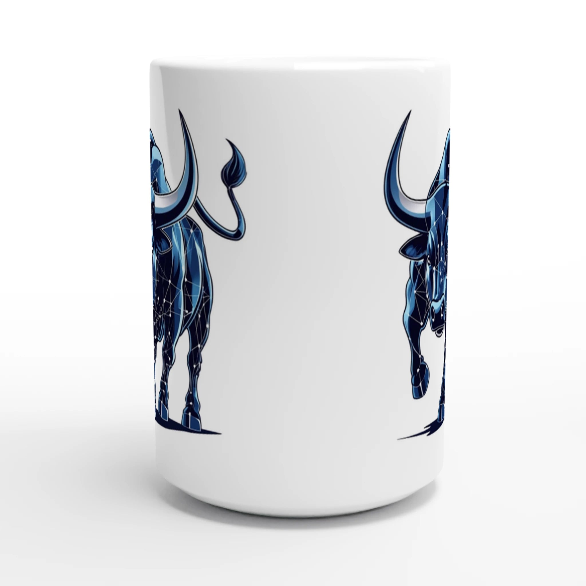 White mug with blue bull design on a white background